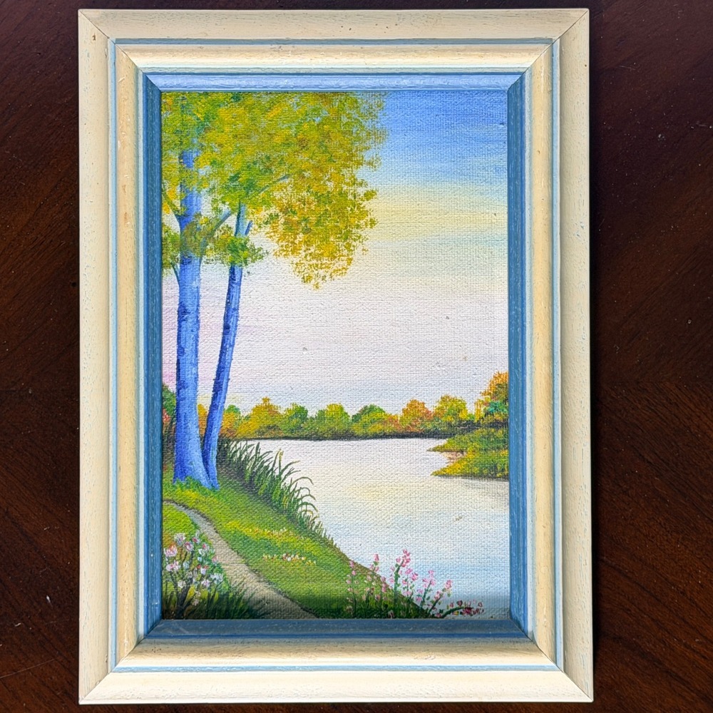 Vintage Pair Hand Painted Canvas Landscape Art Framed Lake River Scenes - Picture 7 of 13